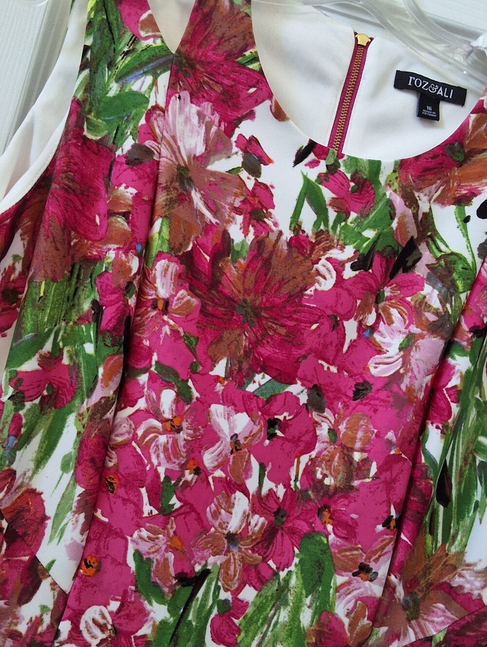 Roz & Ali, 16, White Dress with Pink, Fuschia, Lavendar Floral and Green Foliage - Picture 3 of 7